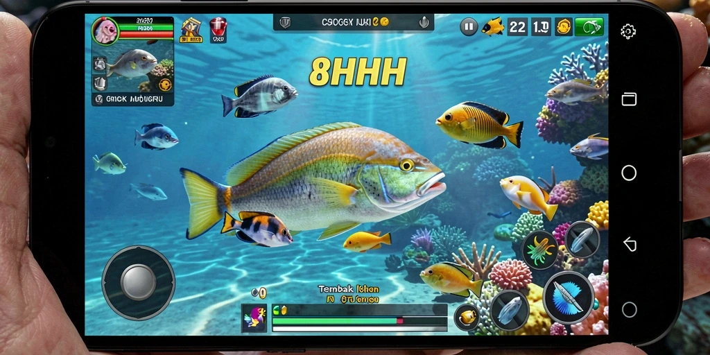 Screenshot gameplay 8HHH menampilkan aksi tembak ikan yang seru.