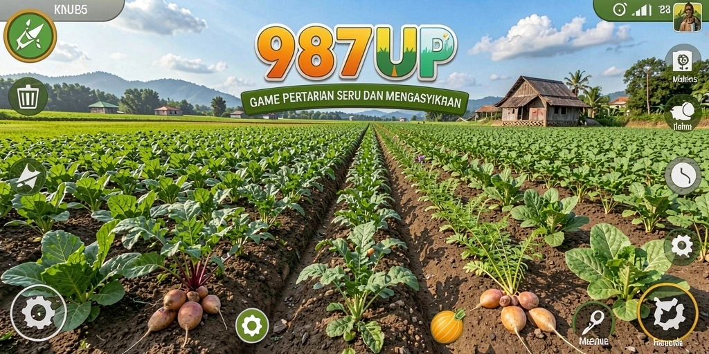 Tampilan gameplay seru dari 987UP dengan aktivitas bertani yang menarik.