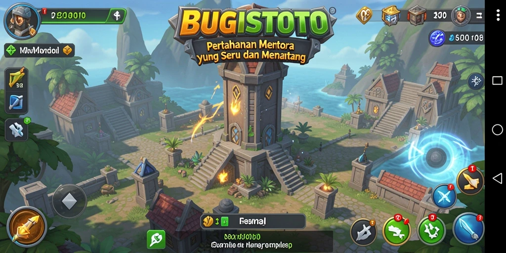 Tampilan gameplay menarik dari BUGISTOTO dengan berbagai menara dan musuh.