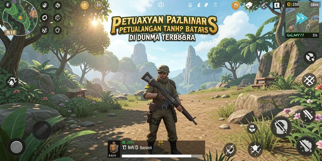 Tampilan gameplay GALAXY77 di dunia terbuka yang luas dan beragam.
