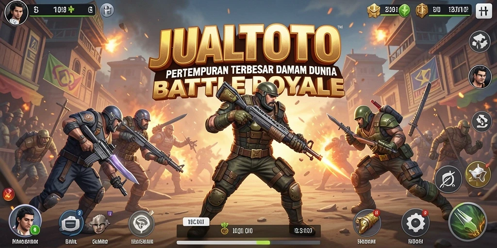 Tampilan gameplay epik JUALTOTO di arena battle royale.