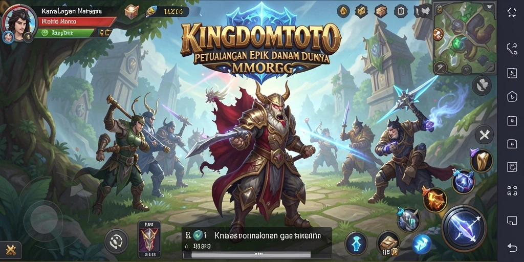 Screenshot KINGDOMTOTO menampilkan pertempuran epik di dunia fantasi yang luas.