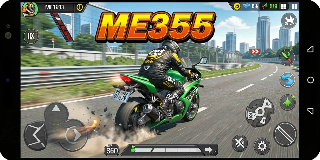 Gameplay seru ME355 dengan aksi balapan sepeda motor.