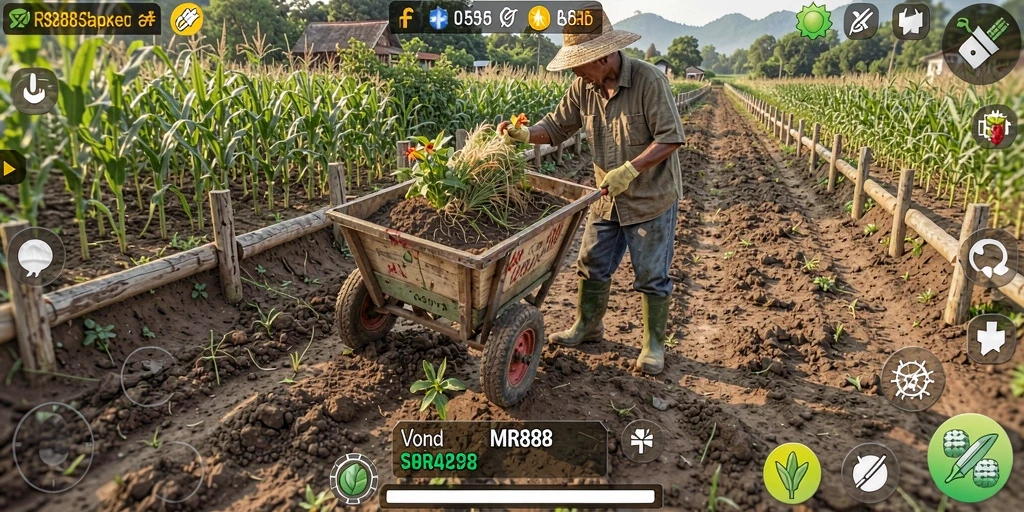 Screenshot utama MR888 menunjukkan gameplay pertanian yang mendalam dan interaktif.