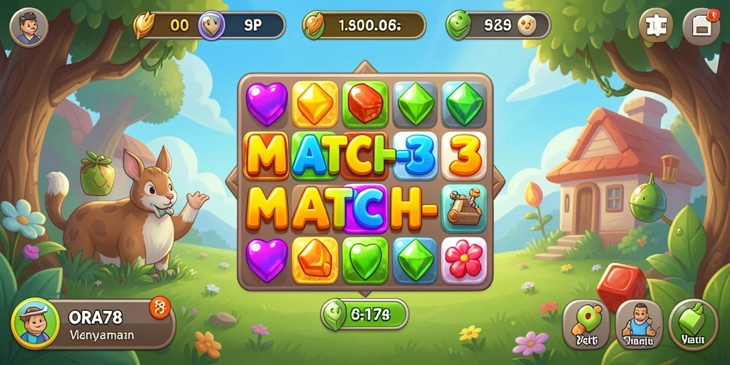 Screenshot gameplay ORA78 yang menunjukkan aksi mencocokkan permata.