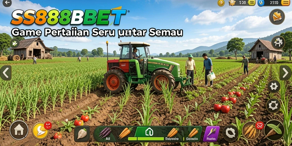 Gameplay seru bertani di SS88BET dengan tanaman dan hewan.
