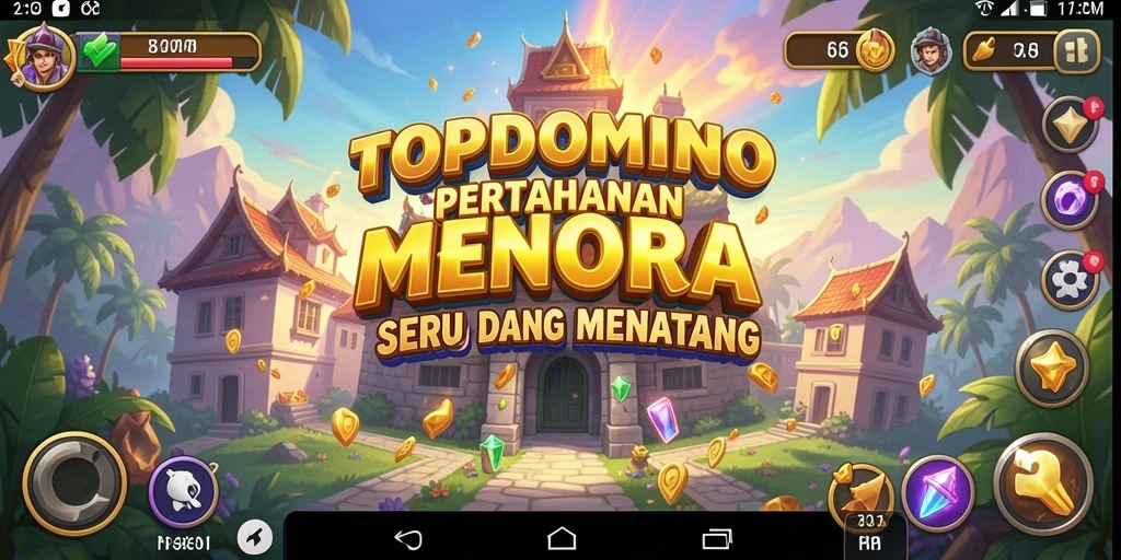 Screenshot gameplay TOPDOMINO menampilkan pertempuran seru di dunia pertahanan menara.