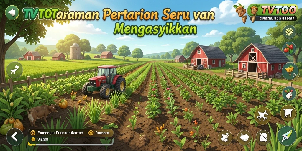 Screenshot TVTOTO menunjukkan gameplay pertanian yang penuh warna.